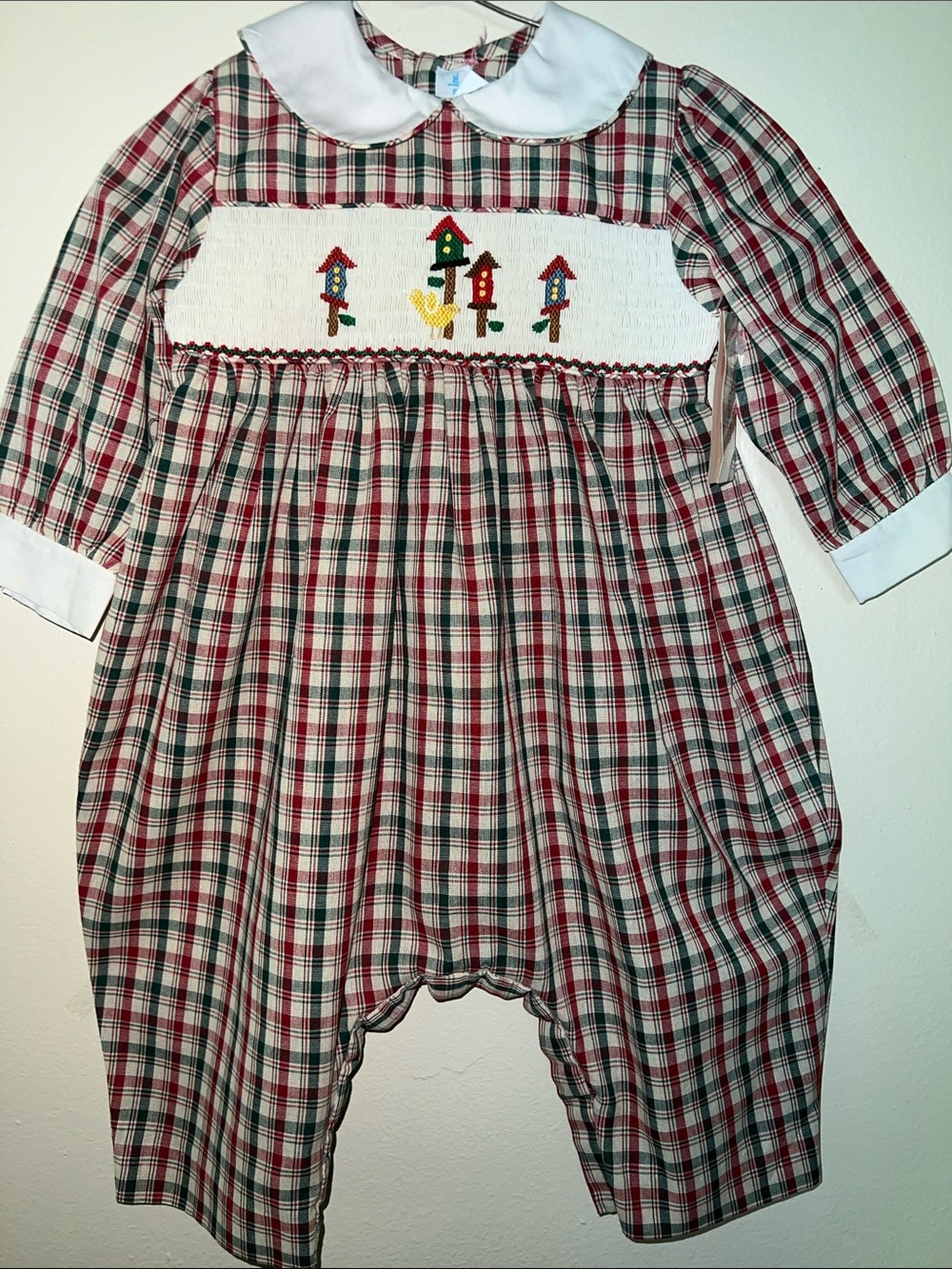 Vintage Kids Plaid Hand Smocked Baby Bubble Romper with Birdhouse Embroidery